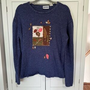 Vintage Fall Sweater Leaves Patchwork Embroidered Knit Womens L/XL Cottagecore